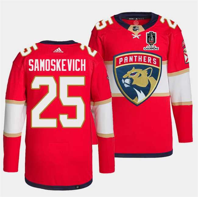 Men%27s Florida Panthers #25 Mackie Samoskevich Red Home 2024 Stanley Cup Champions Stitched Jersey Dzhi